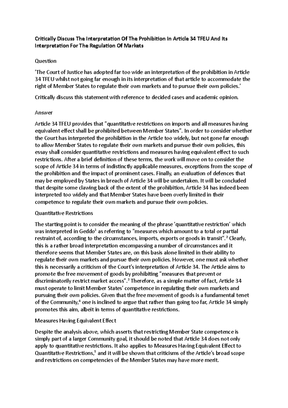 Critically Discuss The Interpretation Of The Prohibition In Article 34