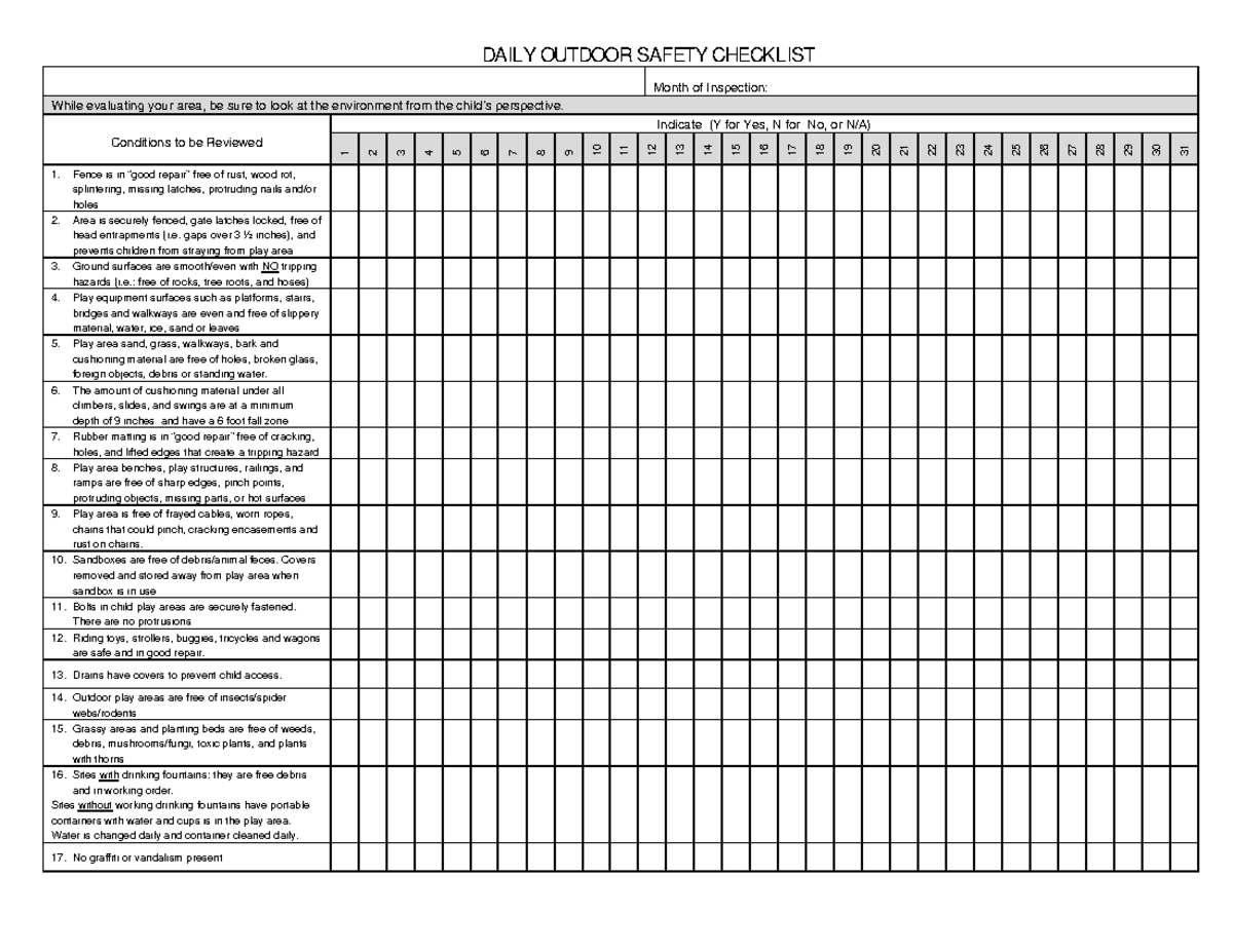 Outdoor Playground Safety Checklist - DAILY OUTDOOR SAFETY CHECKLIST ...