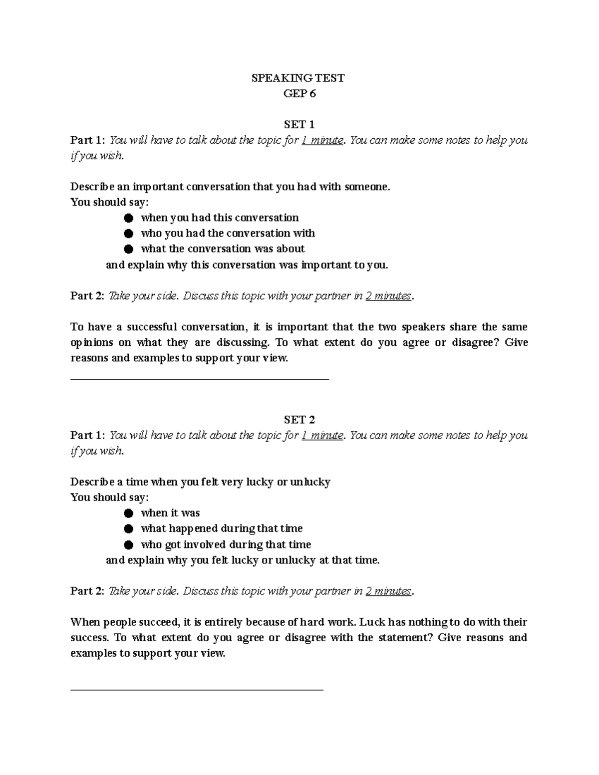 GEP 6 Speaking Test (Sep 2022 updated) - SPEAKING TEST GEP 6 SET 1 Part ...