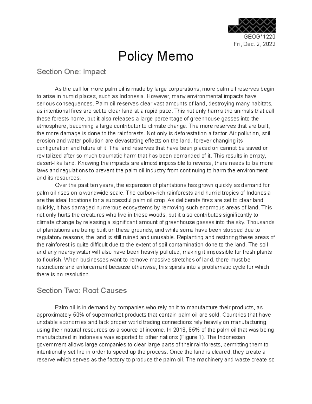 Policy Memo End of year essay Fri, Dec. 2, 2022 Policy Memo Section