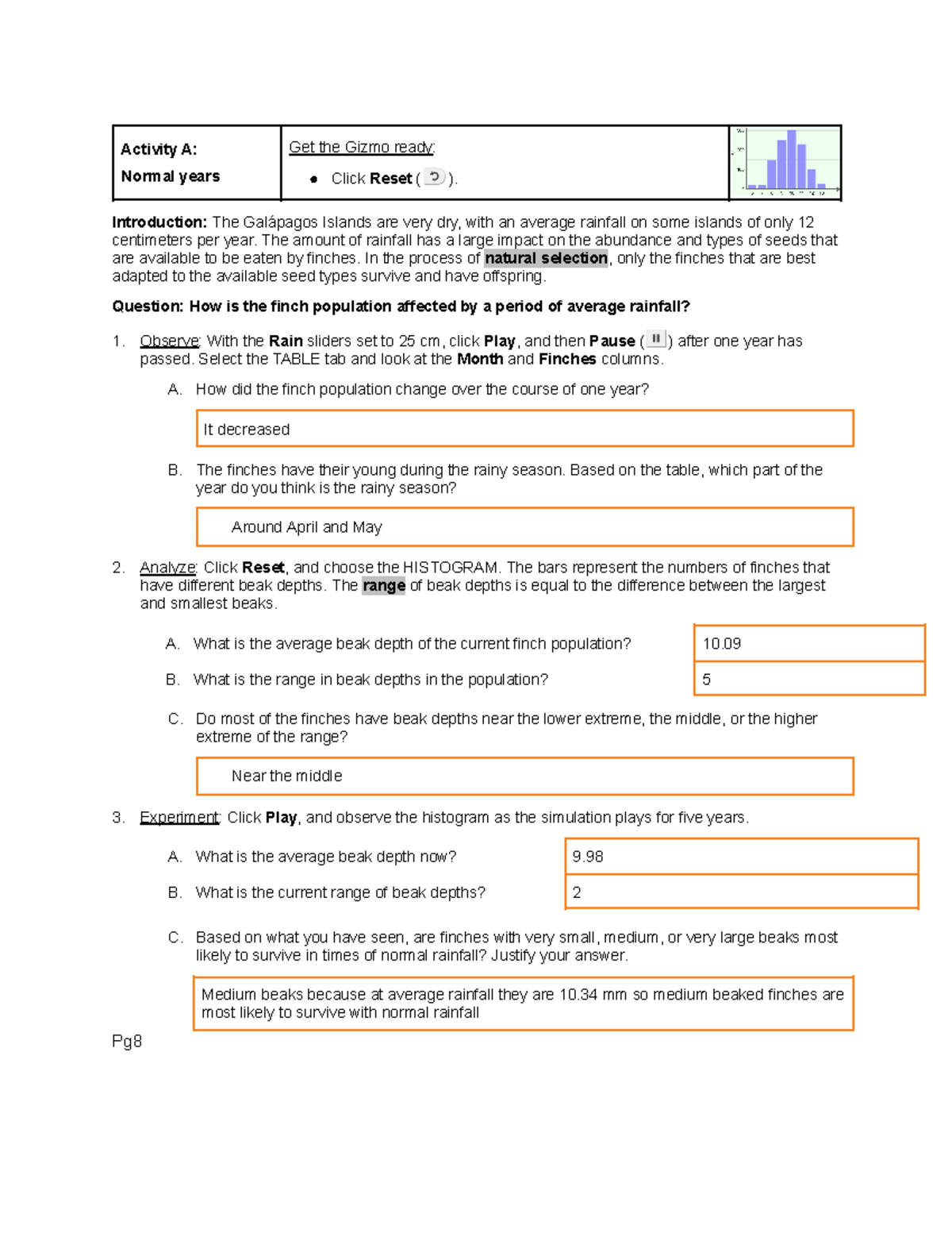 Pg8 - Unit 8 Lab 3 gizmo activity - Activity A: Normal years Get the ...