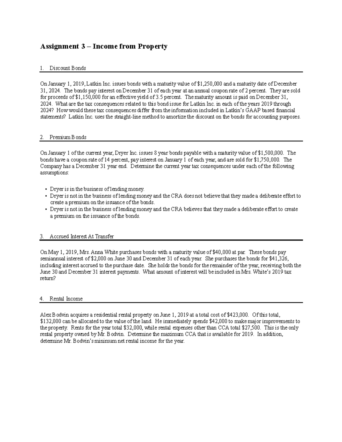 Assignment 3 - Income from property, Non eligible dividend income ...