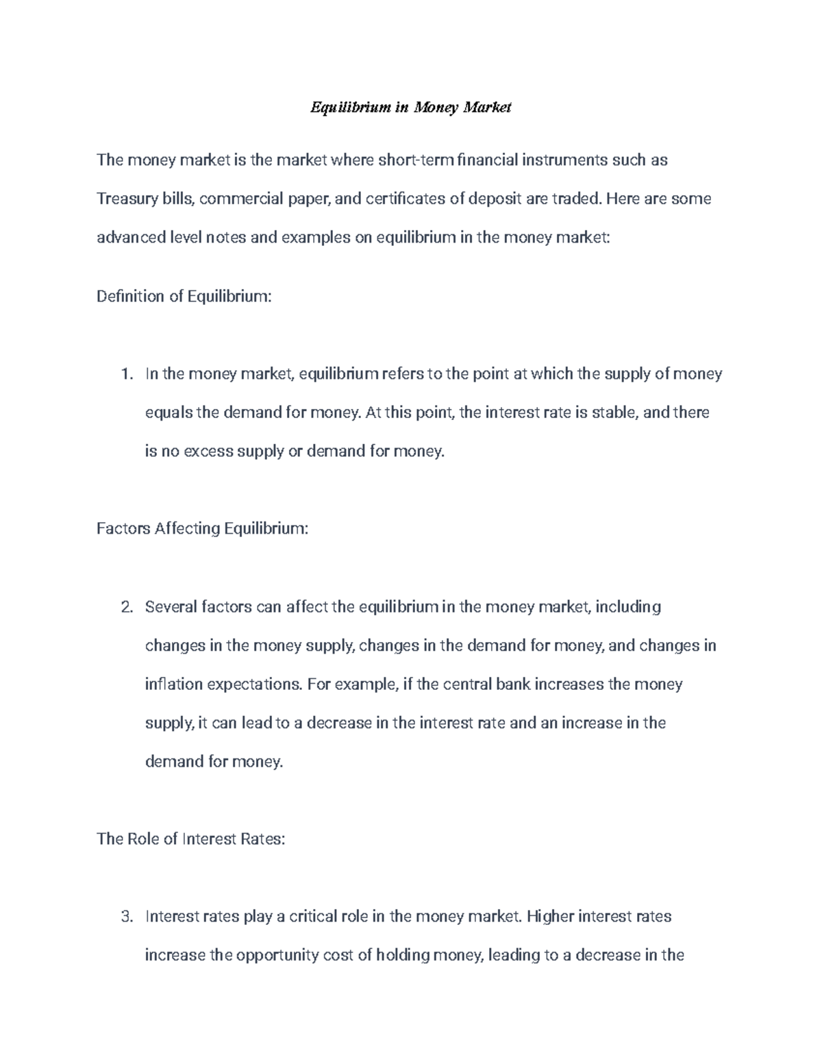 Notes on Equilibrium in Money Market - Equilibrium in Money Market The ...