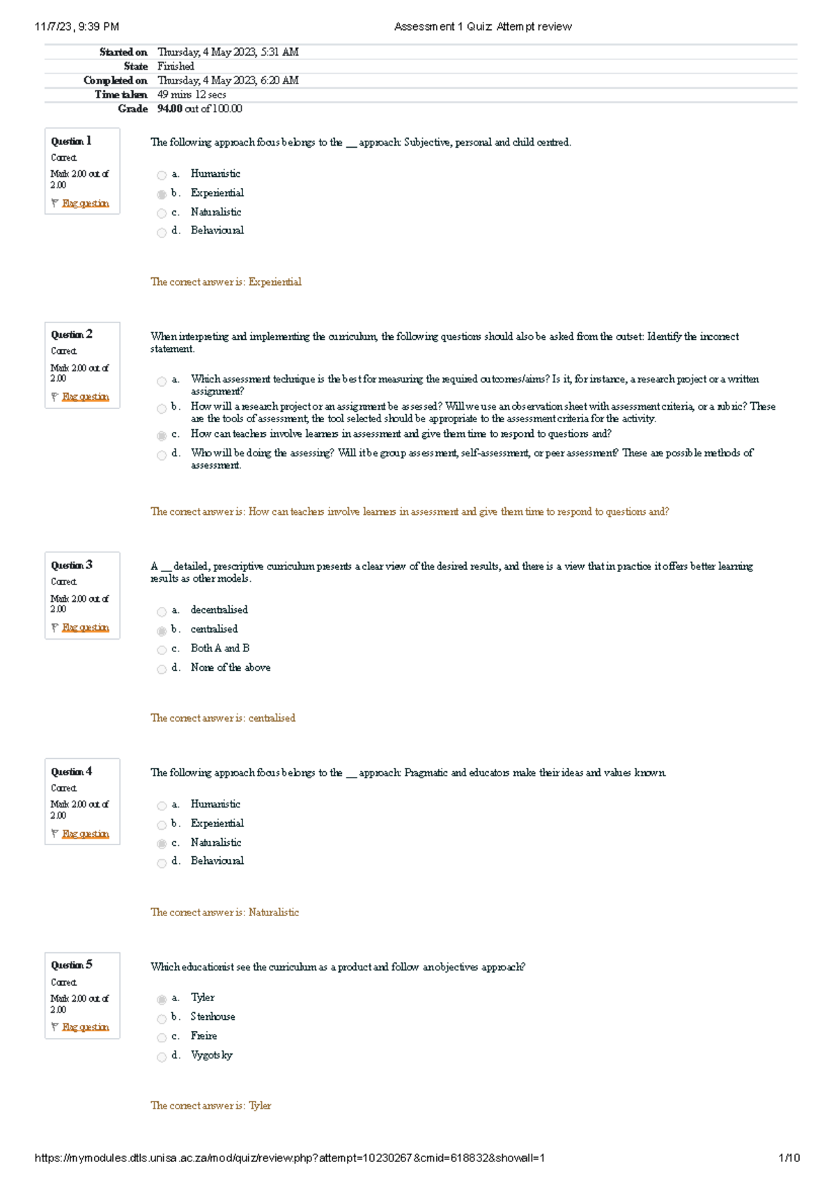 Assessment 1 Quiz Attempt review - Question 1 Correct Mark 2 out of 2 ...