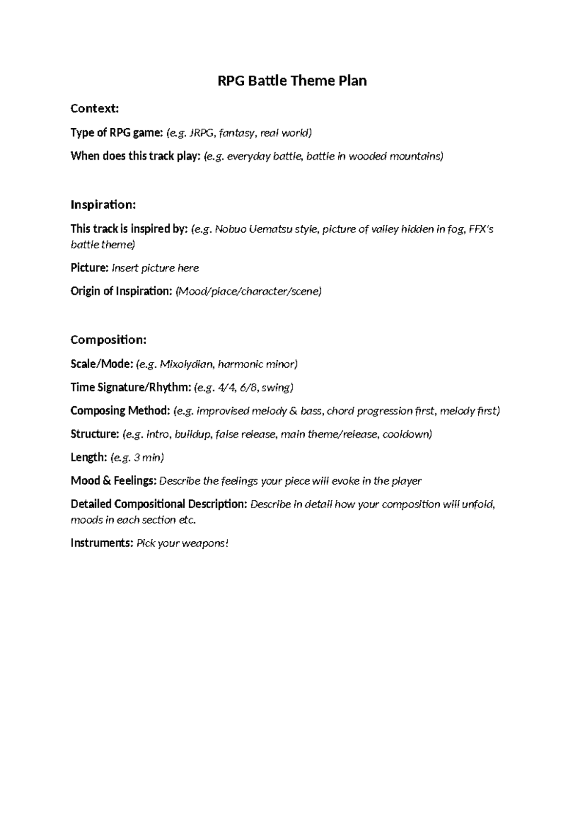 RPG+Battle+Boss+Theme+Plans - RPG Battle Theme Plan Context: Type of ...