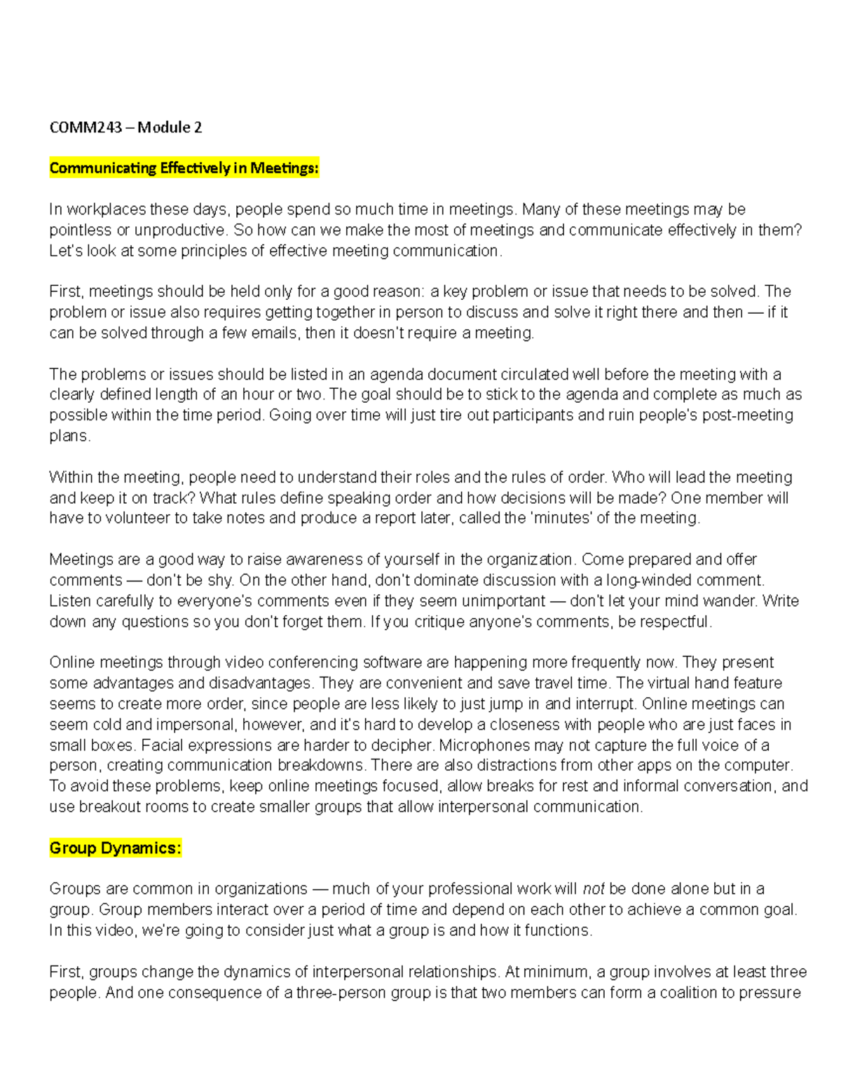 COMM243 - Module 2 - 123 - COMM243 – Module 2 Communicating Effectively ...