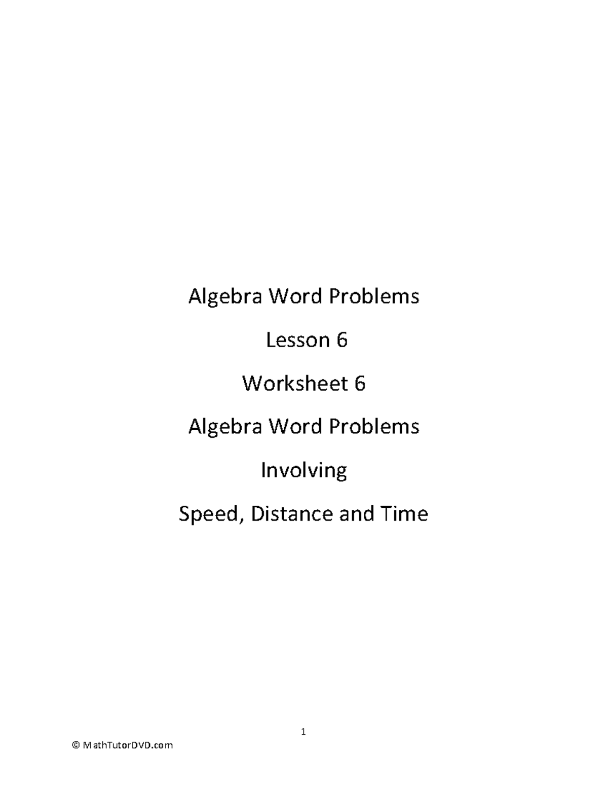 Algebra+Word+Problems+ +Worksheet+6+ +Problems+Involving+Speed+ ...