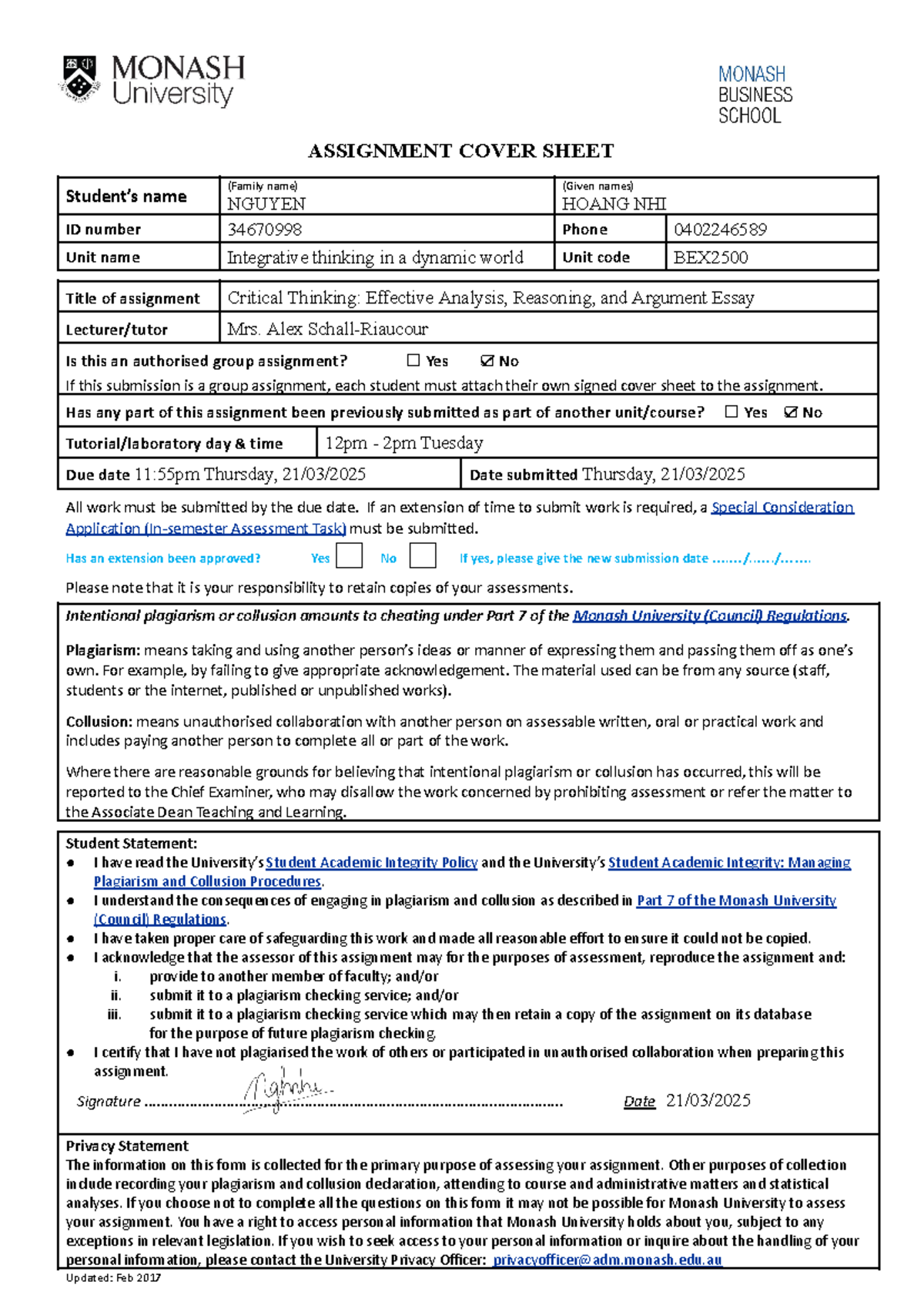 monash assignment cover sheet 2021