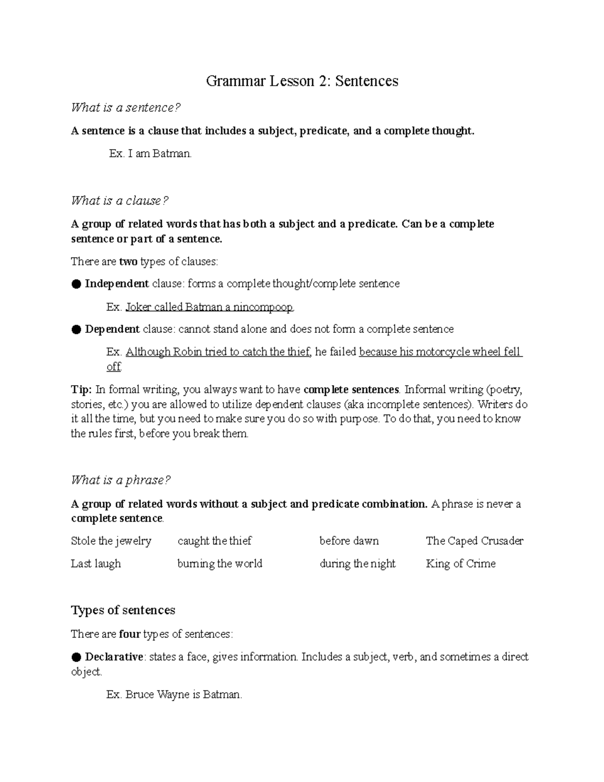 Parts Of A Sentence Worksheet 1st Grade