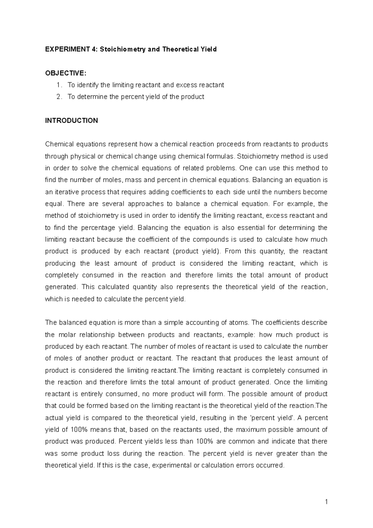 LAB 4 CHM420 Stoichiometry And Theoretical Yield - EXPERIMENT 4 ...