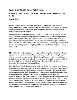 Application of Secondary Disciplinary Literacy C728 Task 2 - Inquiry ...