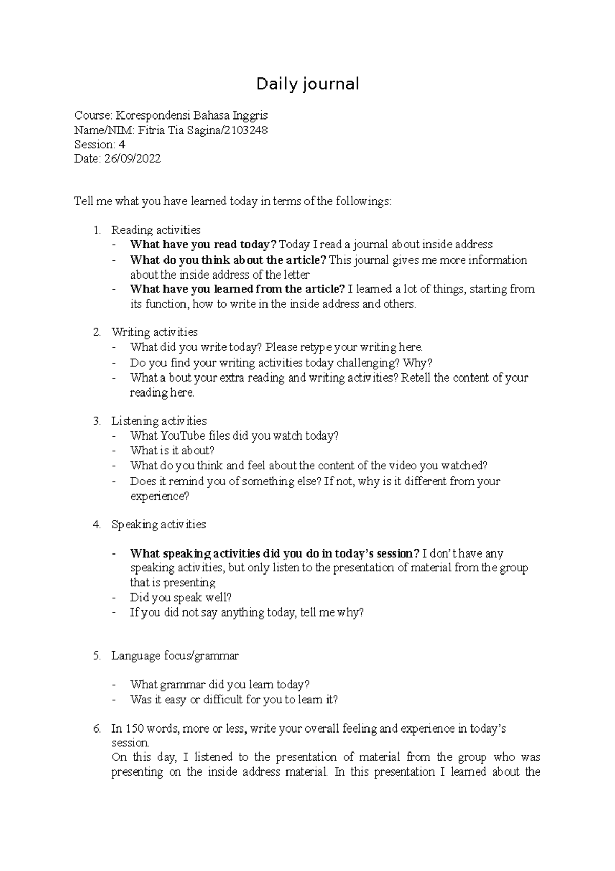 Daily journal at English Course to reflect student's understanding ...