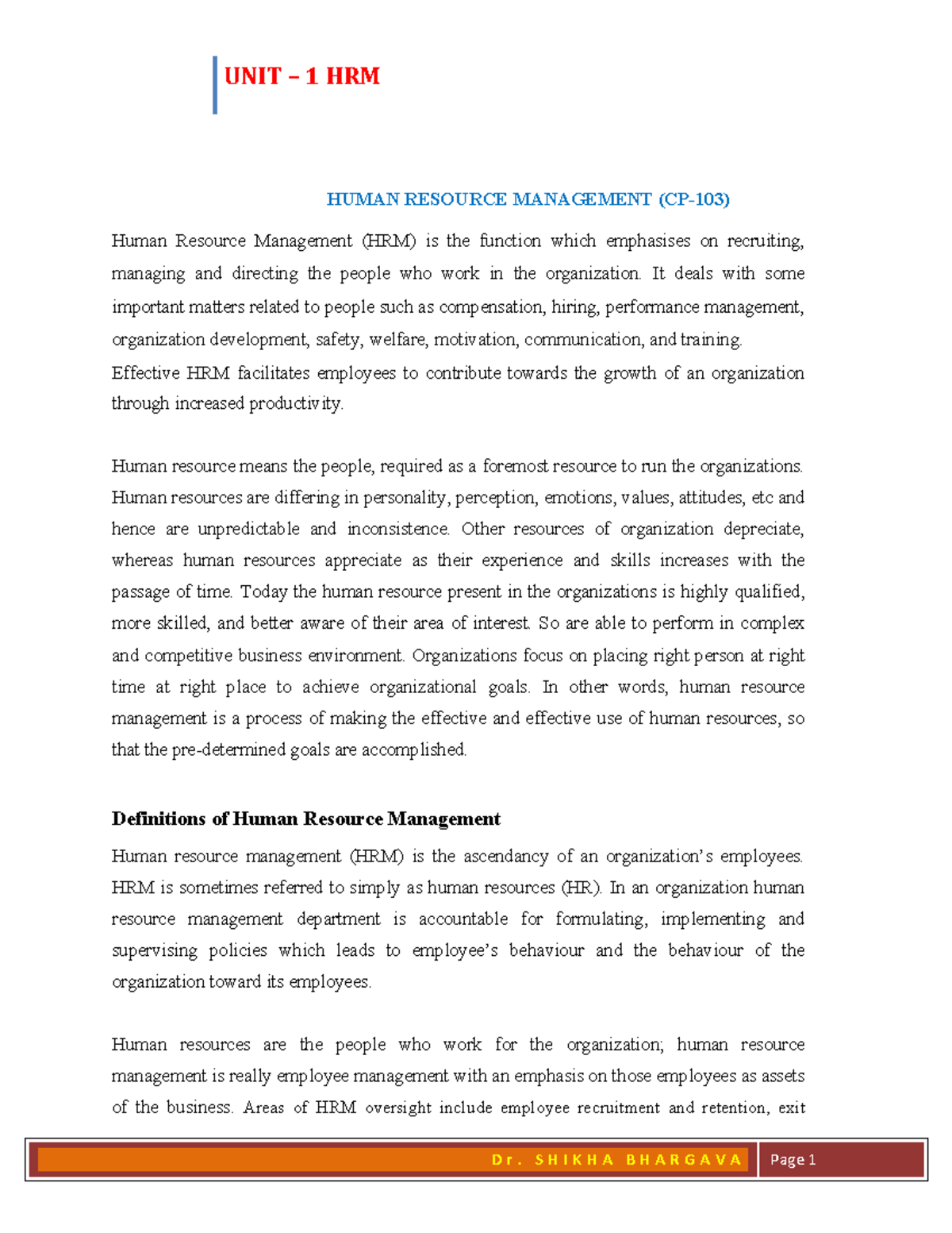 HRM CP-202 Unit 1 Notes - HRM - HUMAN RESOURCE MANAGEMENT (CP-103 ...