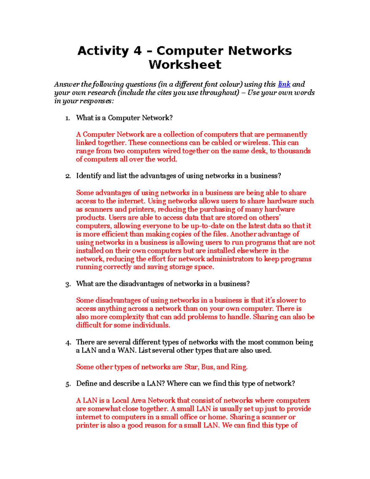 Activity 3 - Networks Worksheet - Activity 4 – Computer Networks ...