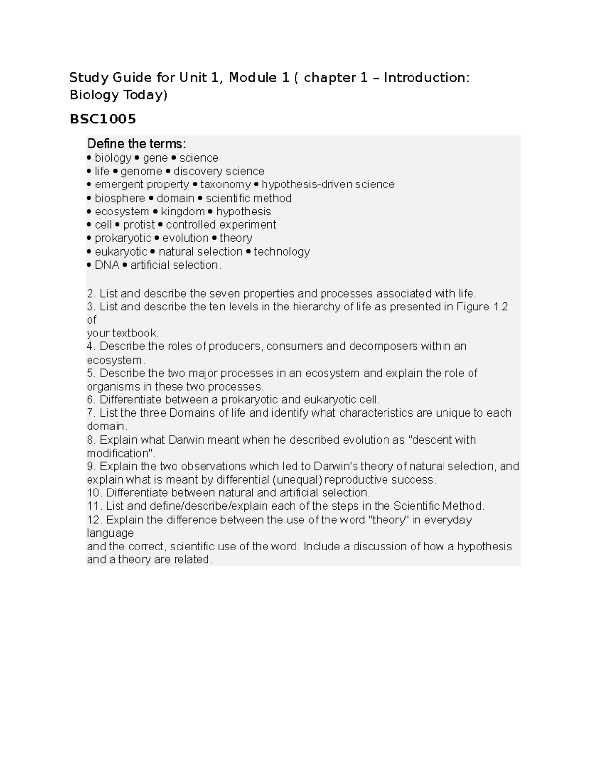 Study Guide BSC1005 Unit 1 Mod 1 - Study Guide For Unit 1, Module 1 ...