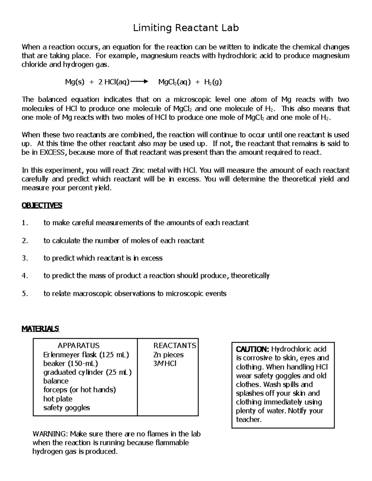 Zn Cl2 Limiting Reactant Lab - Limiting Reactant Lab When a reaction ...