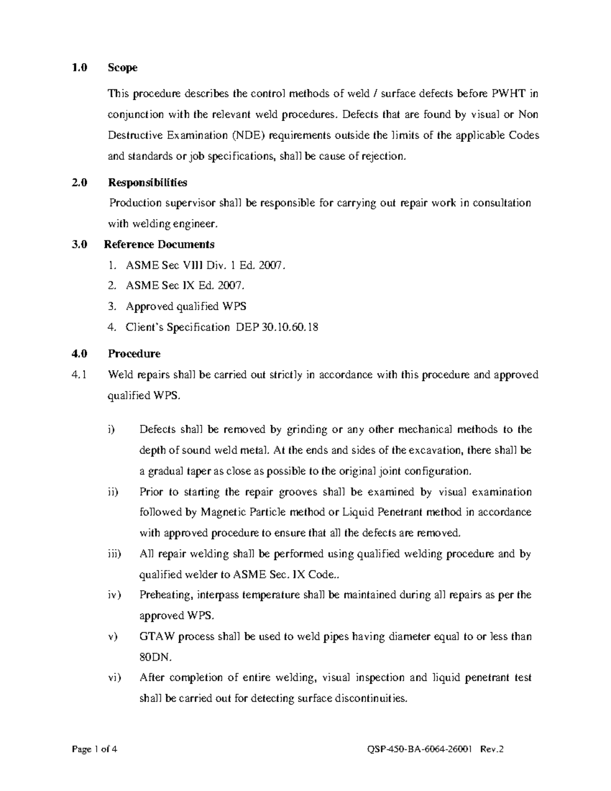 227353236 Weld Repair Page 1 Of 4 Qsp 450 Ba 6064 26001 Rev 1 Scope This Procedure Describes