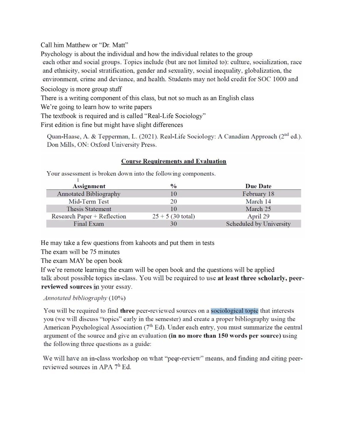 Sociology 1A - Lecture notes for SOC 1000 - Call him Matthew or “Dr