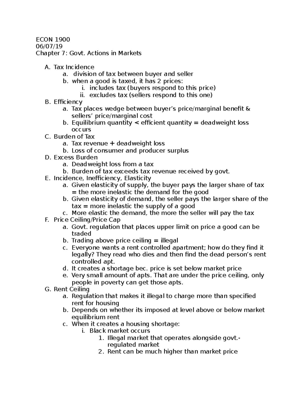 In-class chap 7 lecture notes - ECON 1900 Chapter 7: Govt. Actions in ...