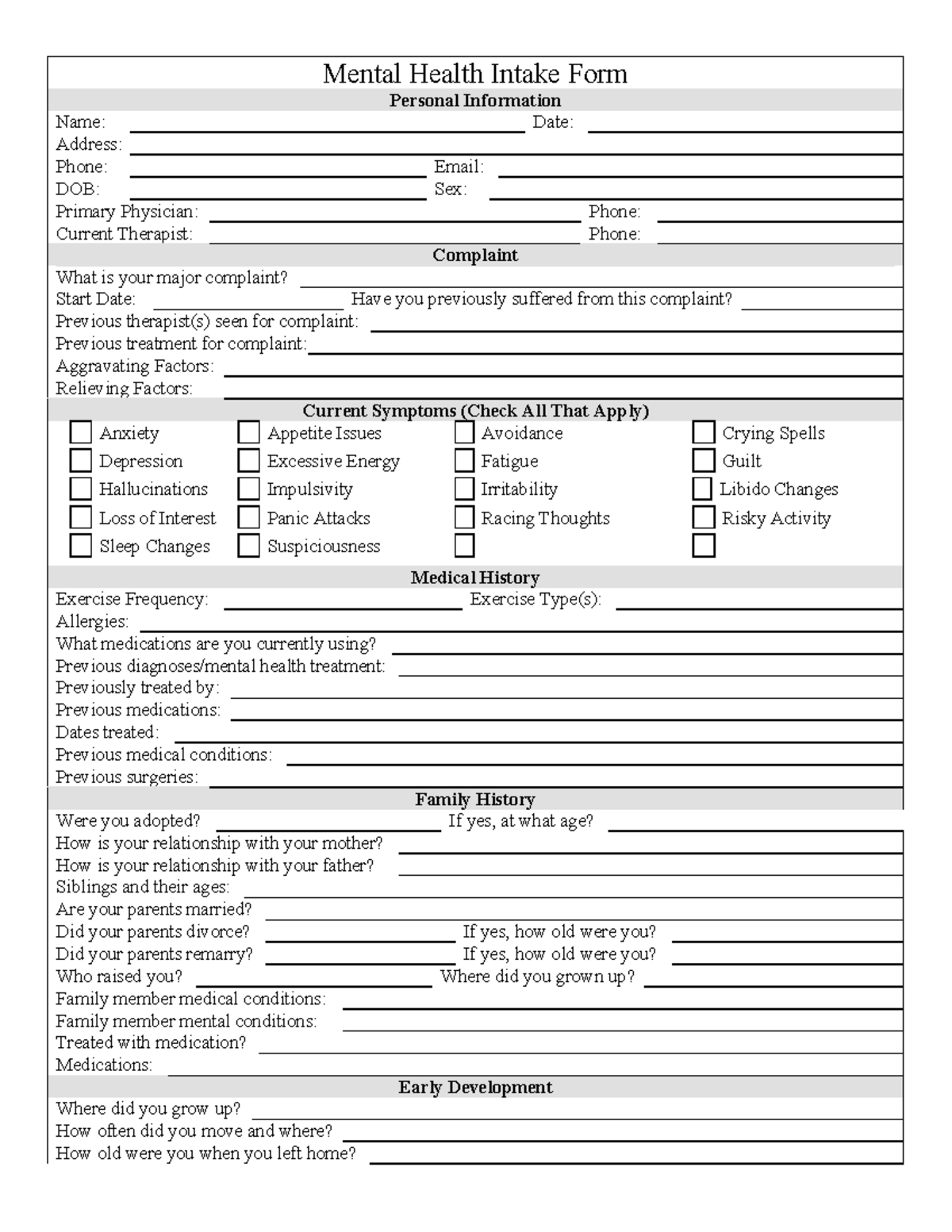 Mental health intake form - Mental Health Intake Form Personal ...