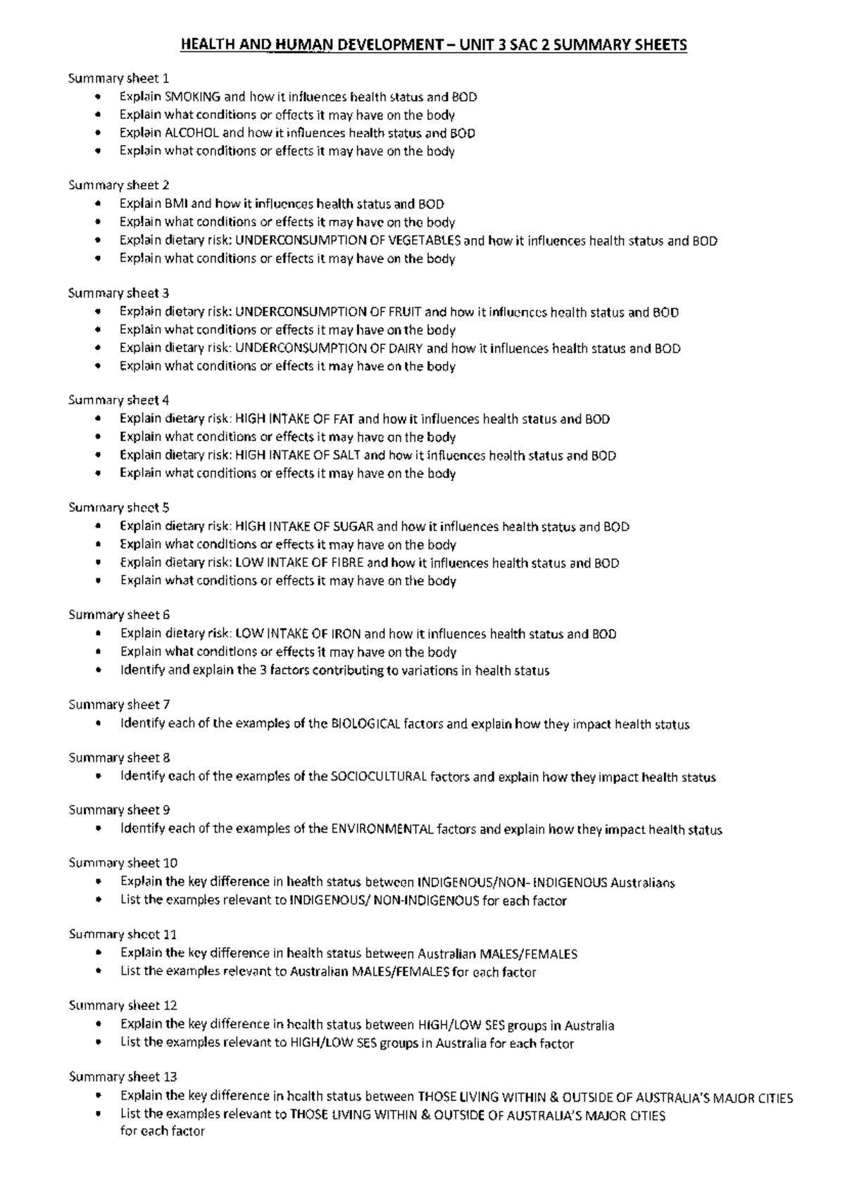 HHD Unit 3 SAC 2 Summary sheets - Studocu