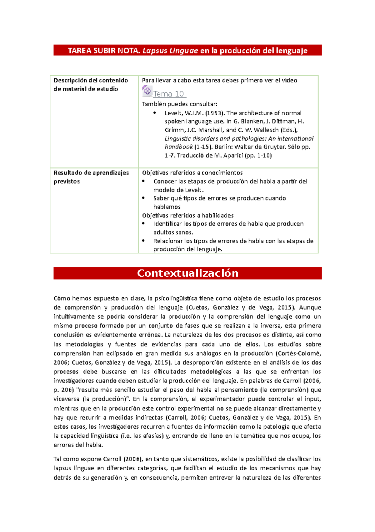 Tarea subir nota tema 10 - TAREA SUBIR NOTA. Lapsus Linguae en la  producción del lenguaje - Studocu