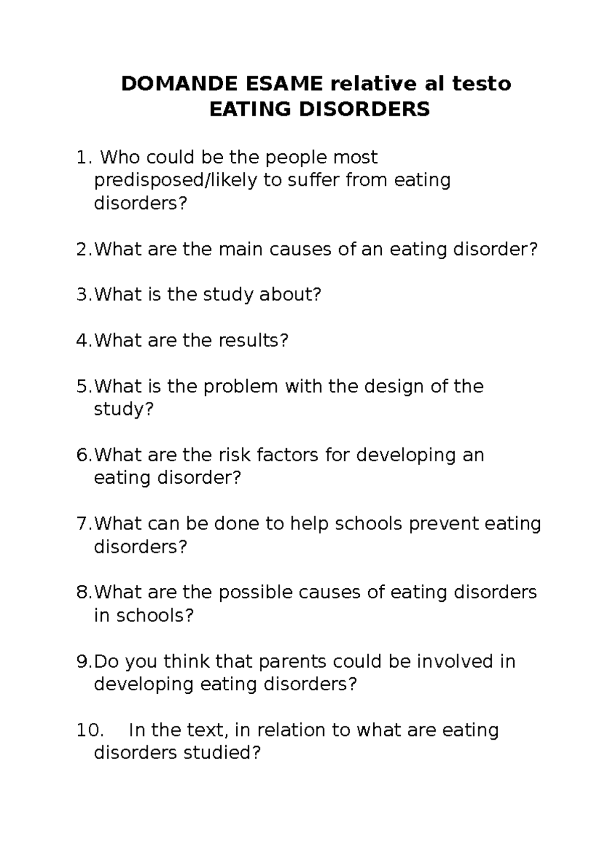 Eating disorder questions DOMANDE ESAME relative al testo EATING