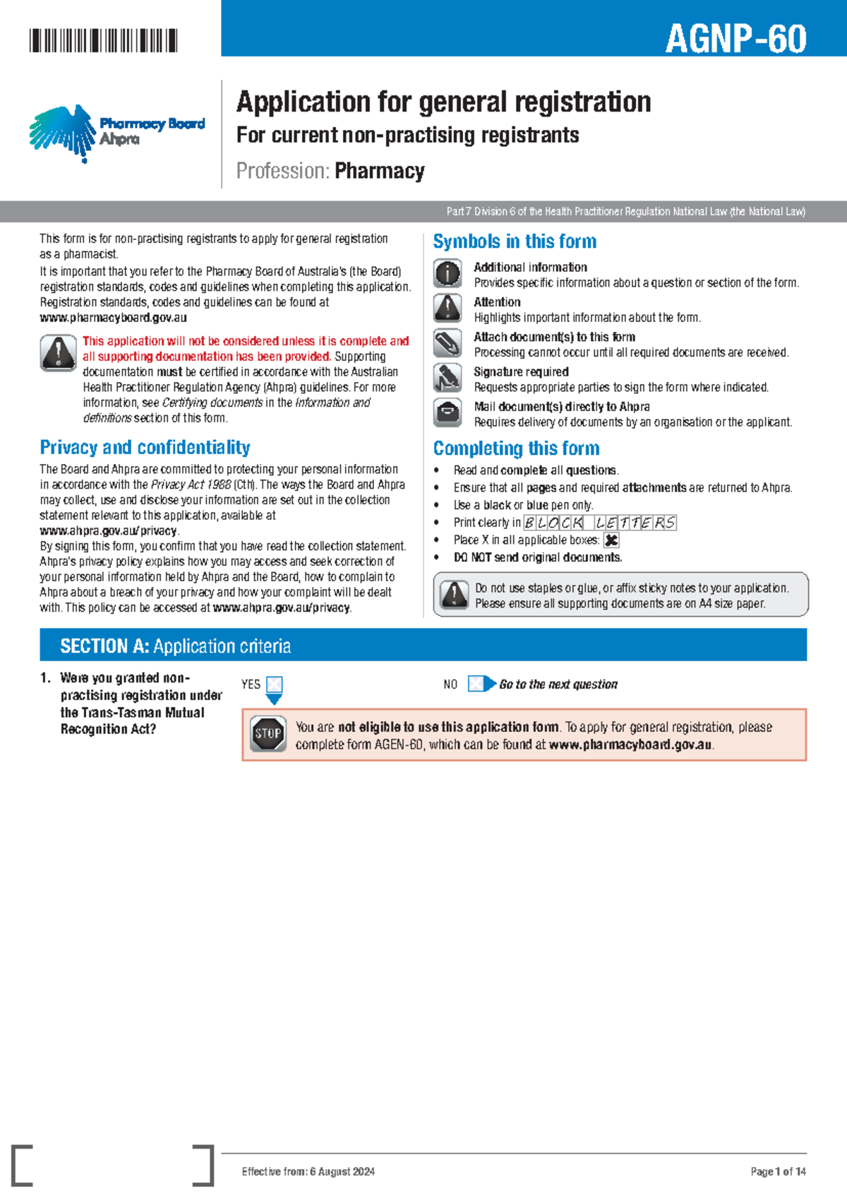 Application for general registration for current non practising ...