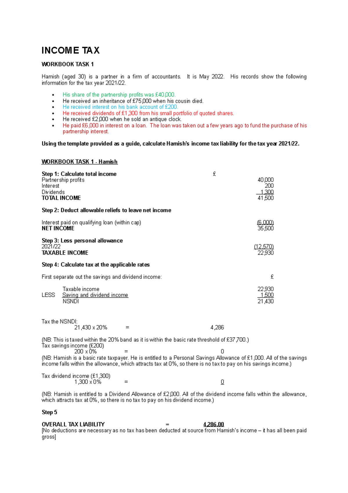 Tax Workbook TAX WORKBOOK TASK 1 Hamish (aged 30