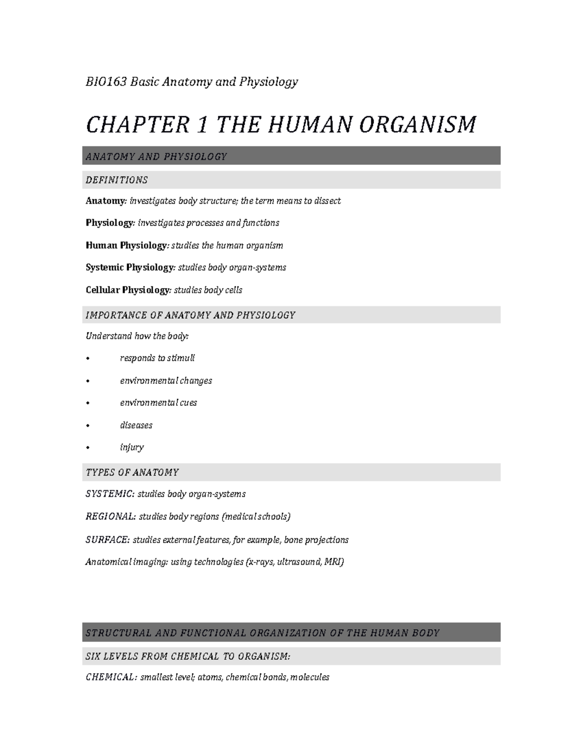 BIO163+Chapter+1+The+Human+Organism+Outline - BIO163 Basic Anatomy and ...