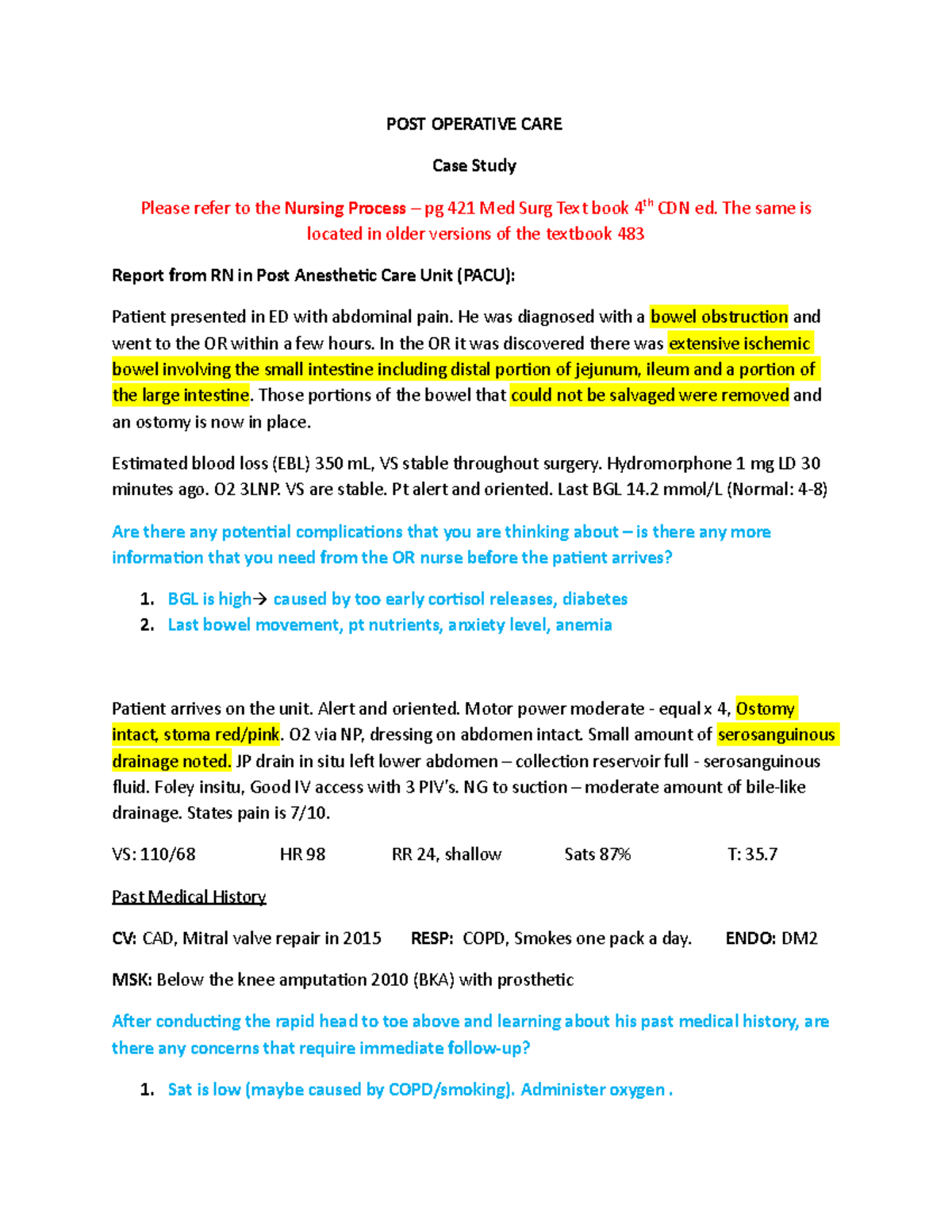 POST Operative CARE Case Study W22 practice - POST OPERATIVE CARE Case ...