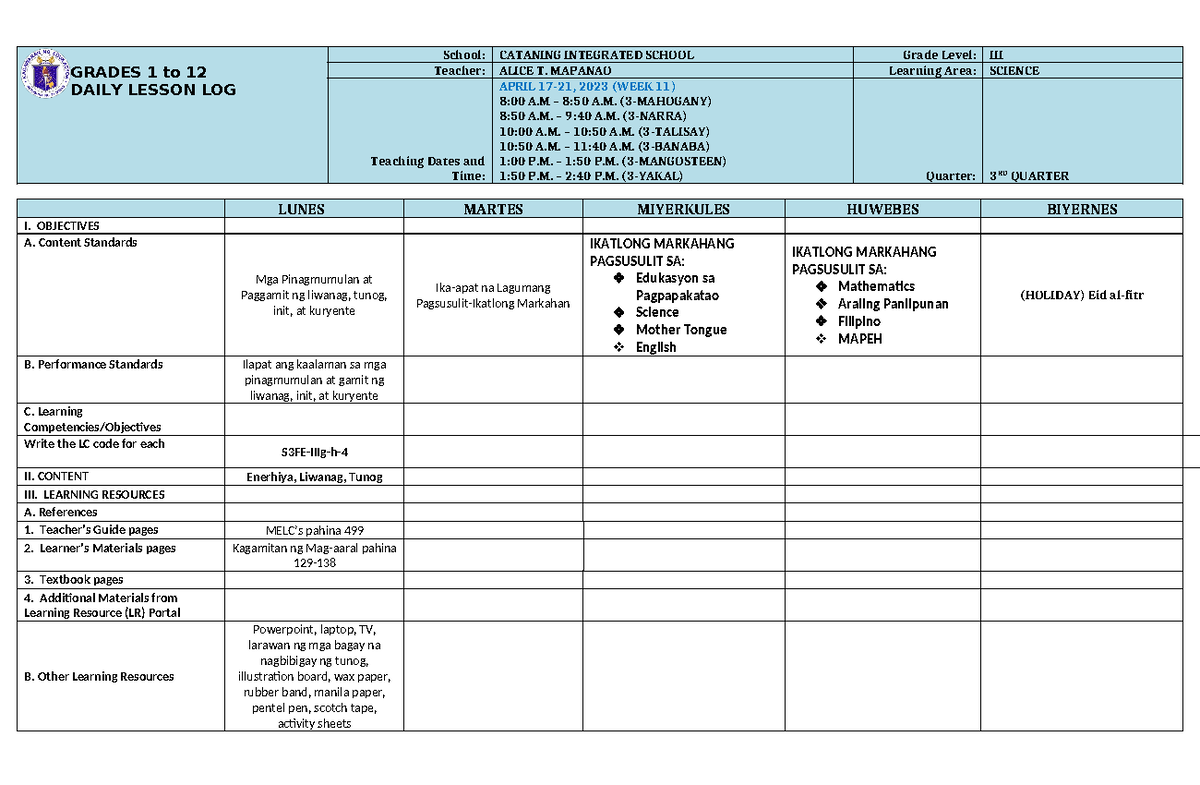 DLL Science 3 Q3 W11a - DLL - GRADES 1 to 12 DAILY LESSON LOG School ...