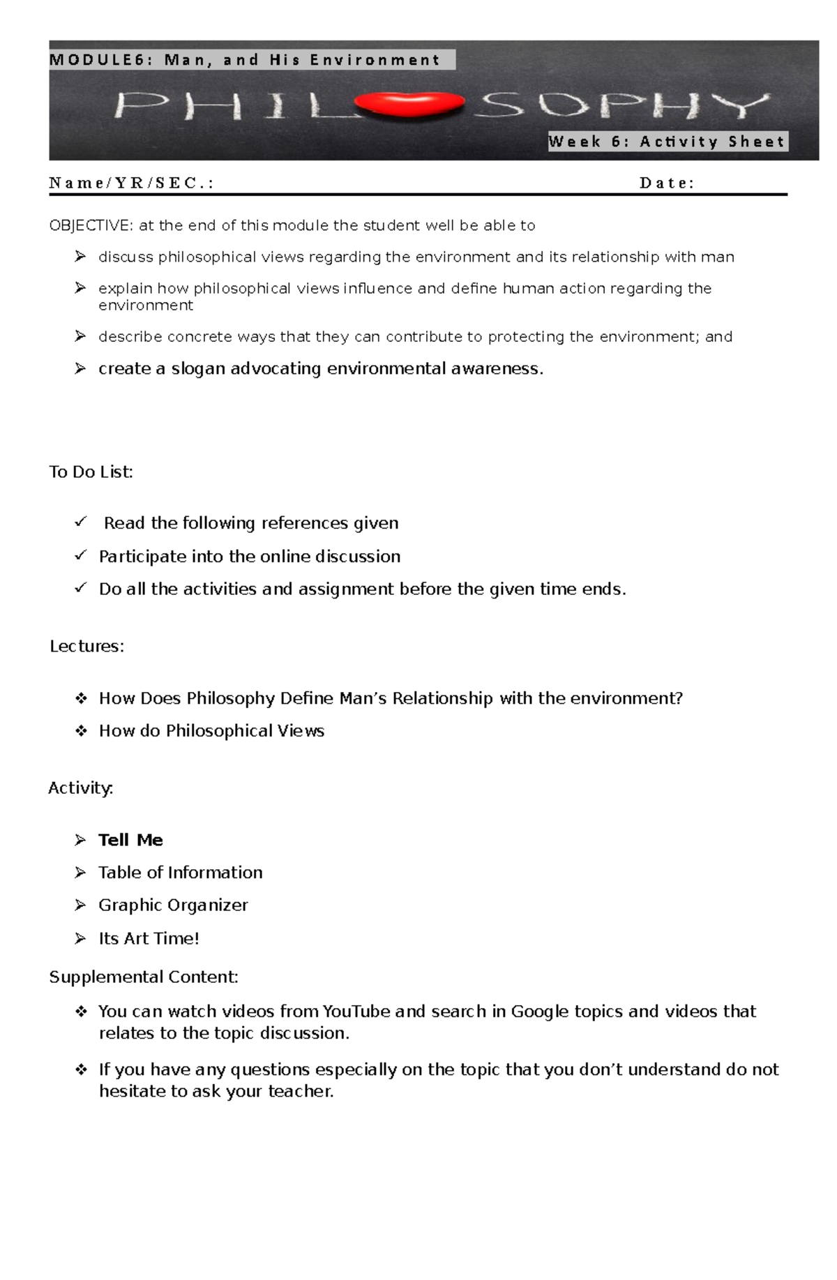 Philo Module - 6 Activity Sheets - M O D U L E 6 : M a n , a n d H i s ...