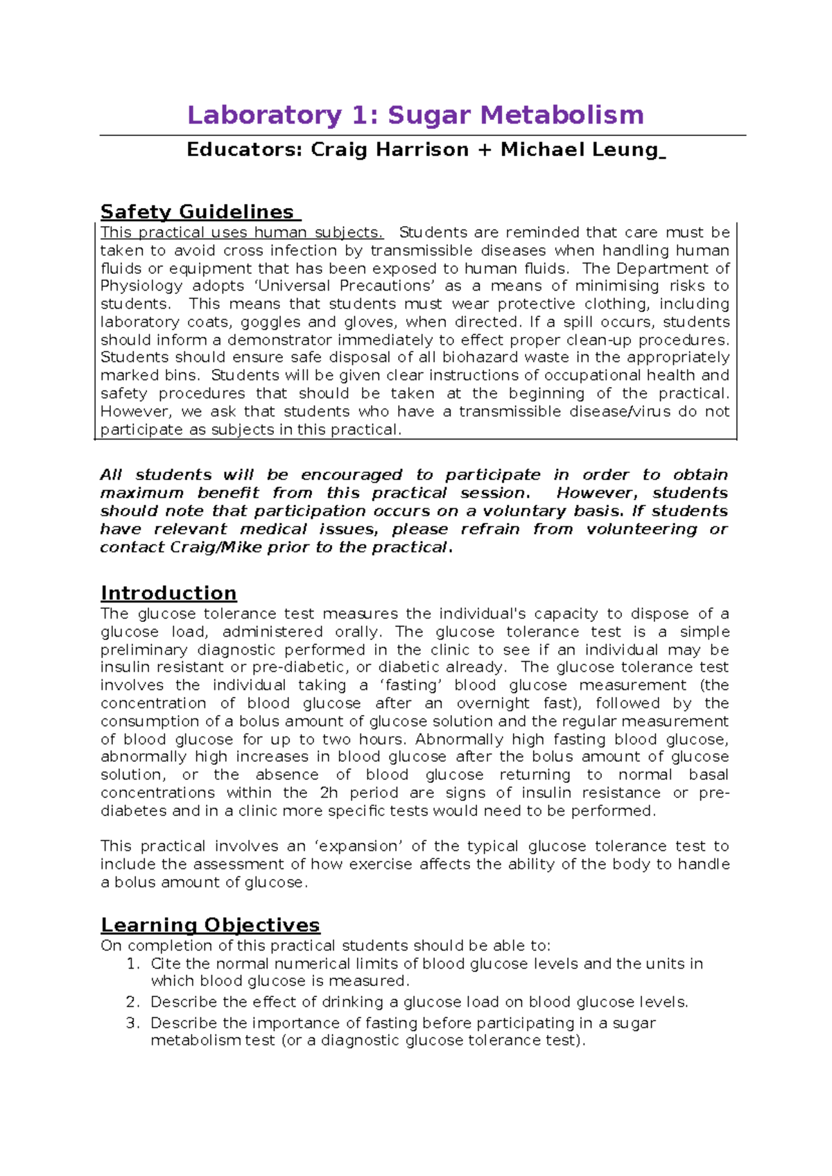 Sugar Metabolism Practical Notes 2024 - Laboratory 1: Sugar Metabolism ...