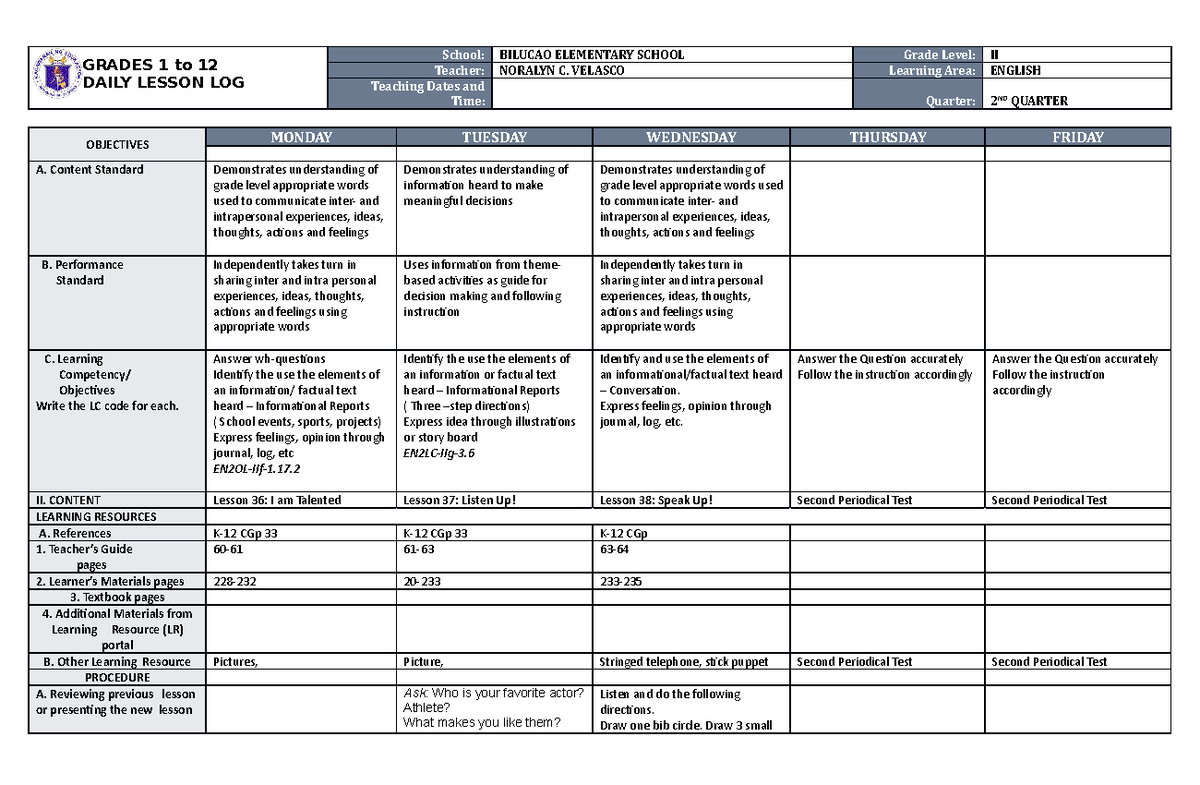 DLL English 2 Q2 W10 - LESSON PLAN - GRADES 1 to 12 DAILY LESSON LOG ...