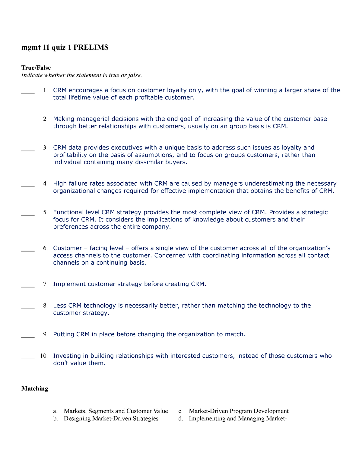 Strategic Marketing Management EXAM - Mgmt 11 Quiz 1 PRELIMS True/False ...