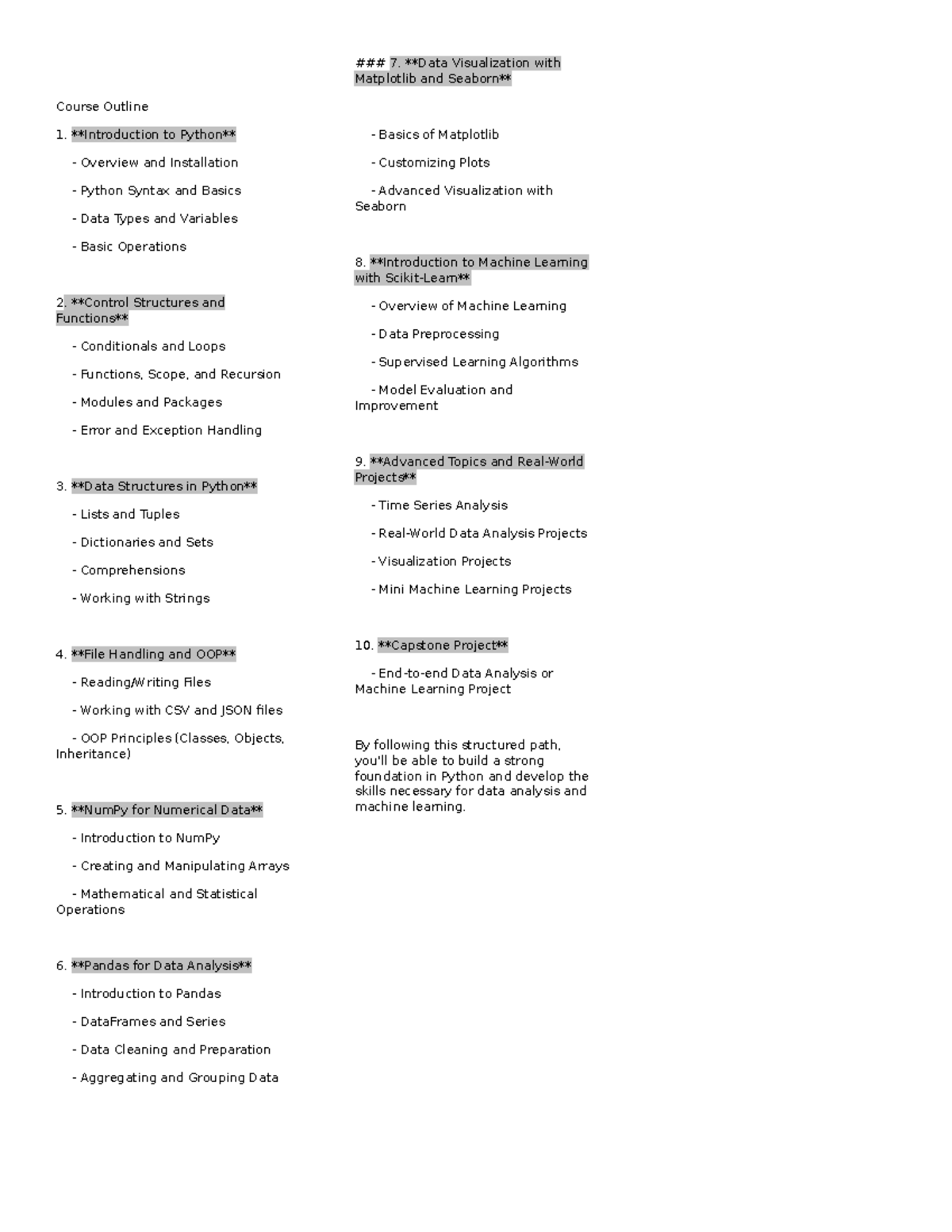 Python course outline - good notes - 7. **Data Visualization with ...