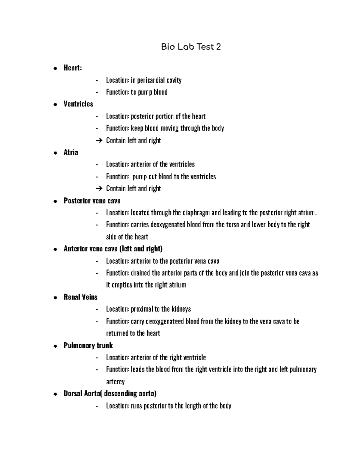 Bio Lab Test 2 Study Material - Bio Lab Test 2 Heart: - Location: in ...