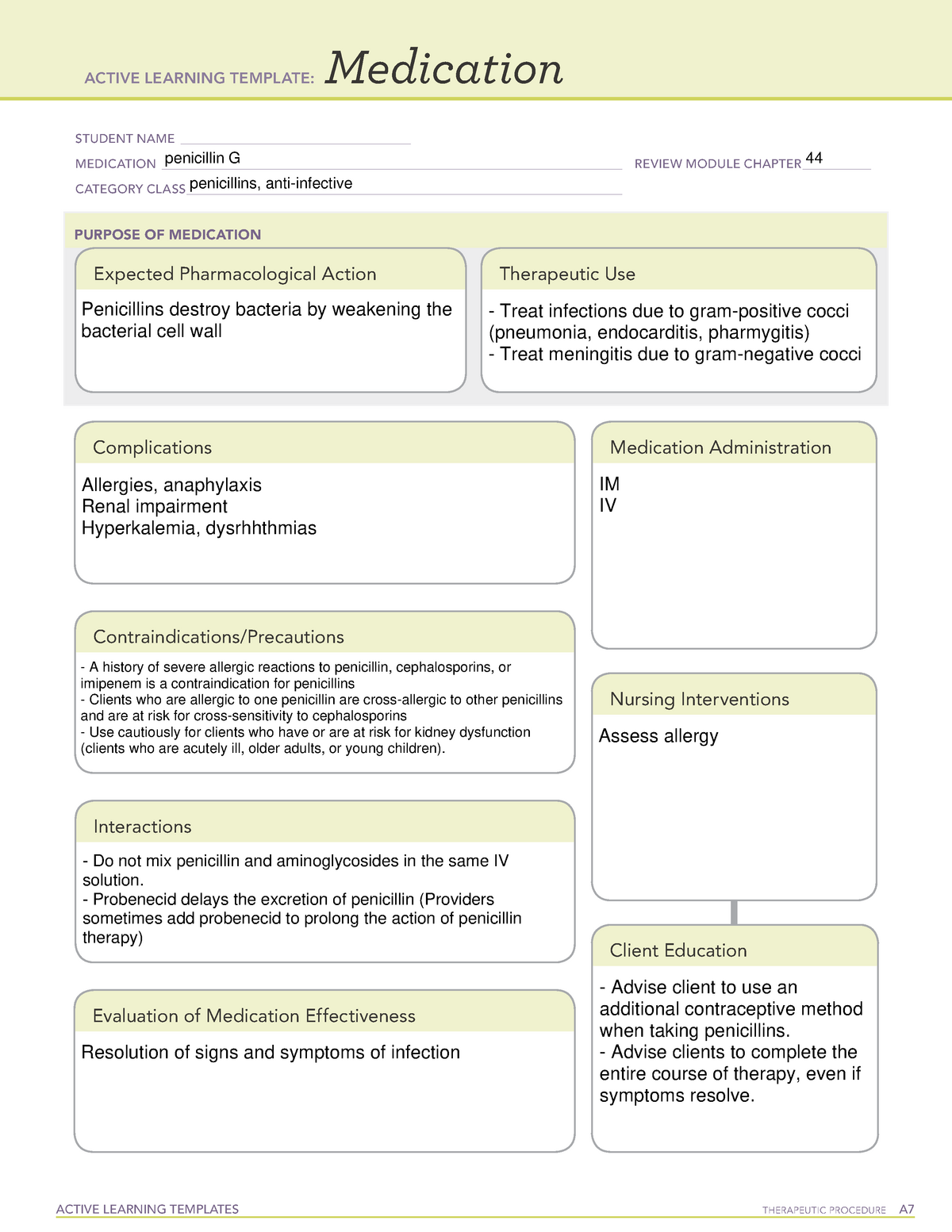 Penicillin G Summary RN Pharmacology for Nursing Edition 7. 0