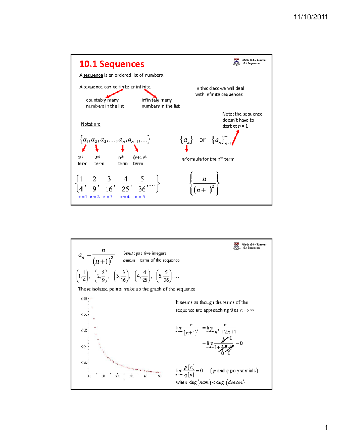 Notes ch 10.1 - 10.10 (spring 2014) - Math 104 – Rimmer 10 Sequences 10 ...