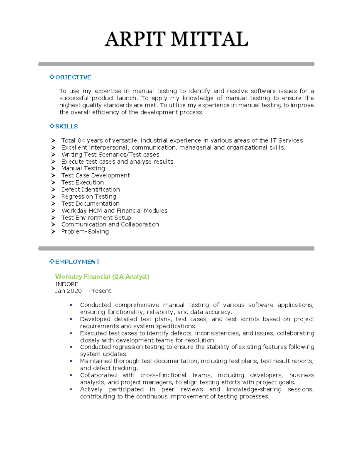 Arpit M - ARPIT MITTAL OBJECTIVE To use my expertise in manual testing ...