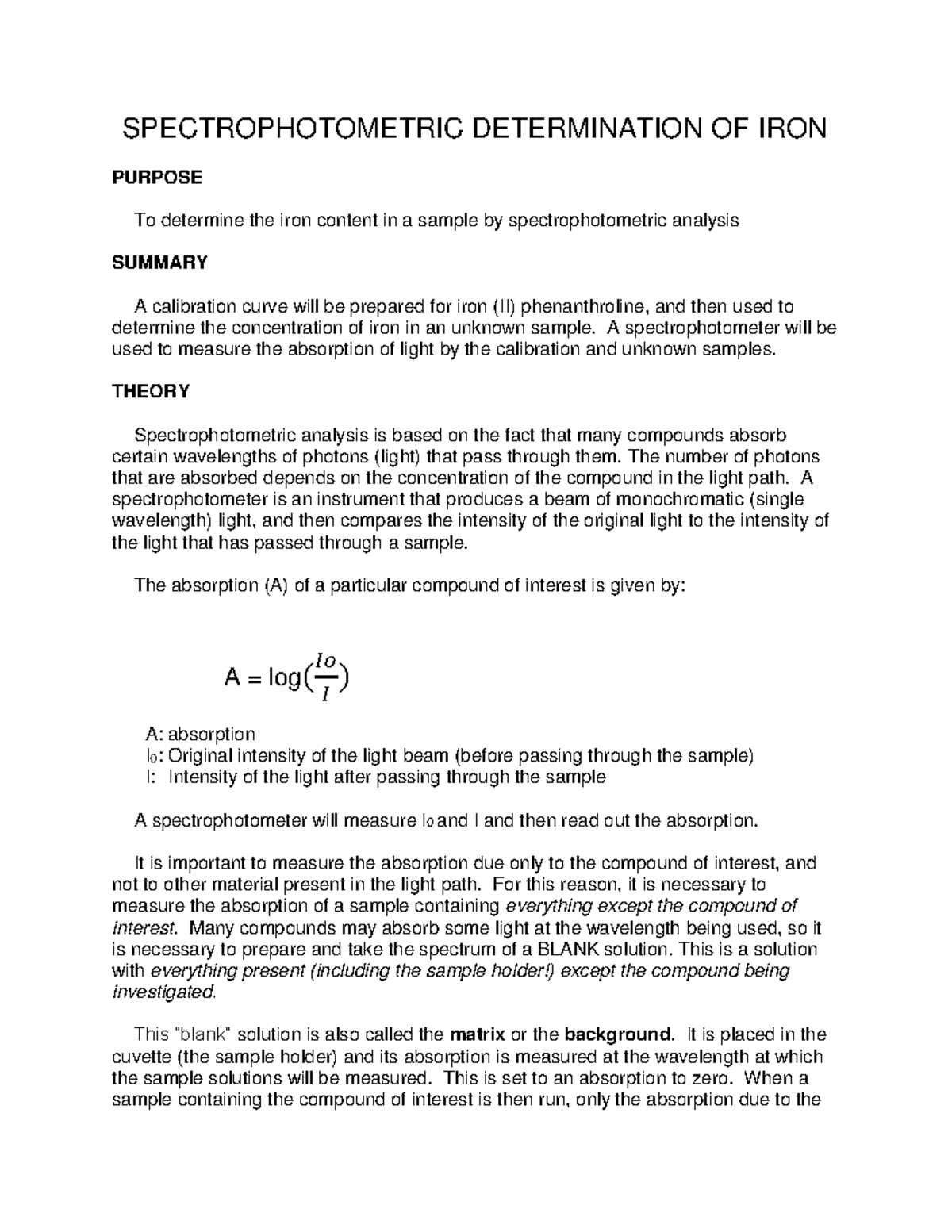 Lab Manual - Spectrophotometric Determination Of Iron - 𝐼𝑜 𝐼 A ...