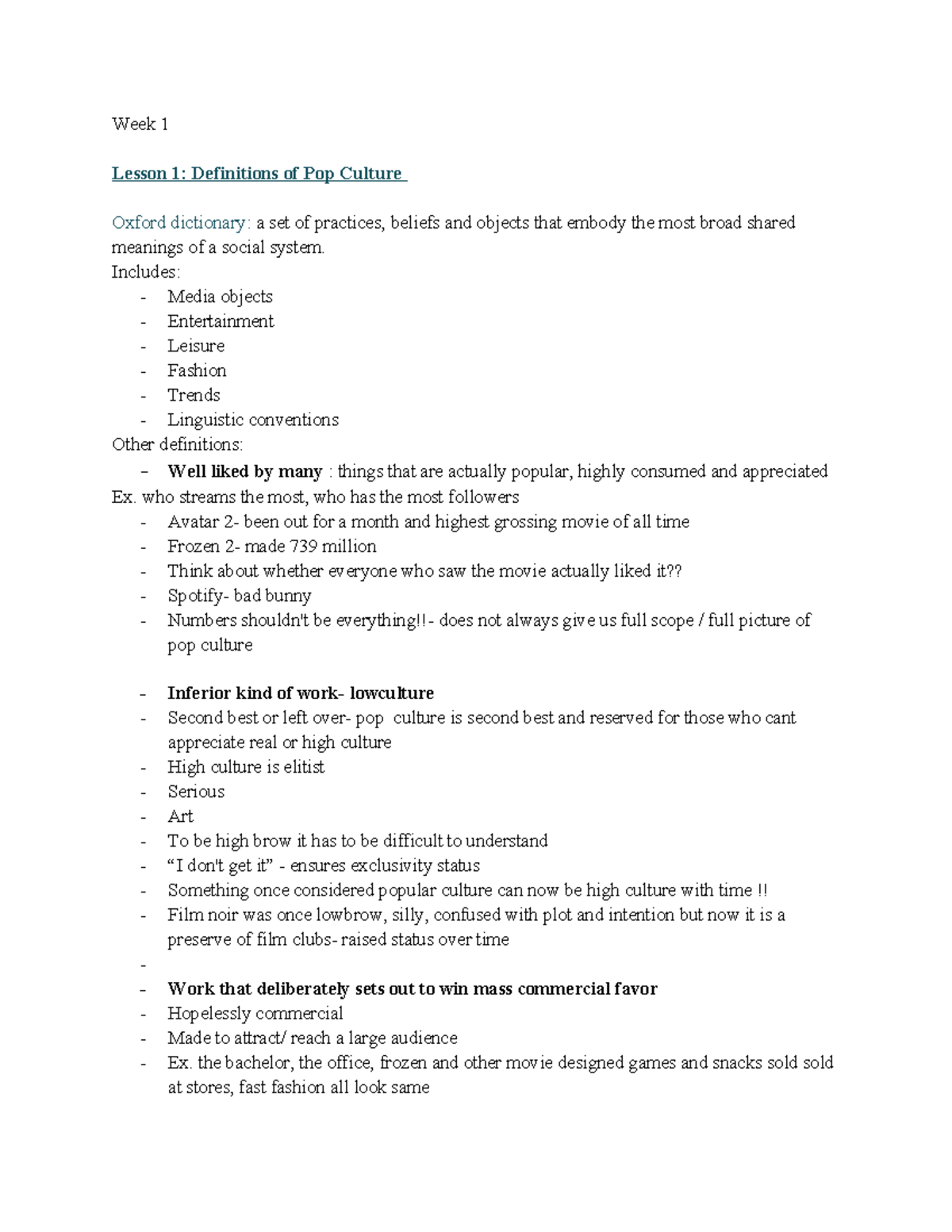 Garbo notes 1-5 - weeks 1-5 - Week 1 Lesson 1: Definitions of Pop ...