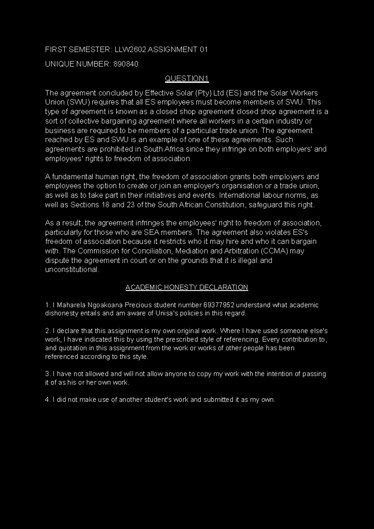 LLW2602 ASS1 Collective Labour LAW - FIRST SEMESTER: LLW2602 ASSIGNMENT ...
