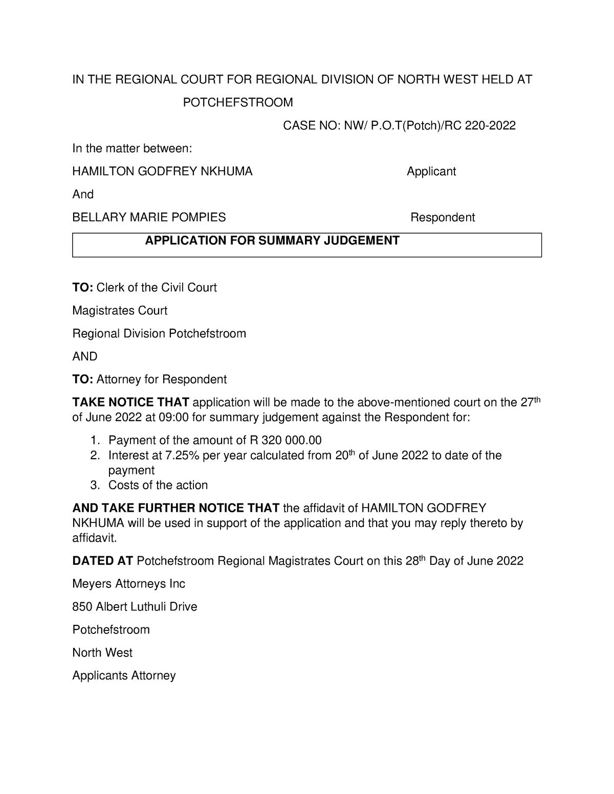 Summary Judgement (Civil Procedure) - IN THE REGIONAL COURT FOR ...