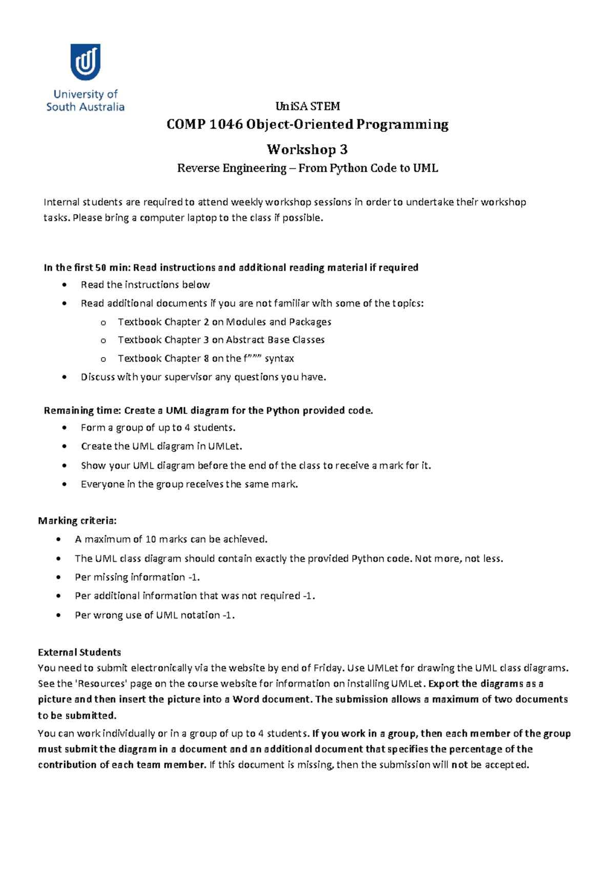 COMP 1046 WS 03 Reverse Engineering - UniSA STEM COMP 10 46 Object ...