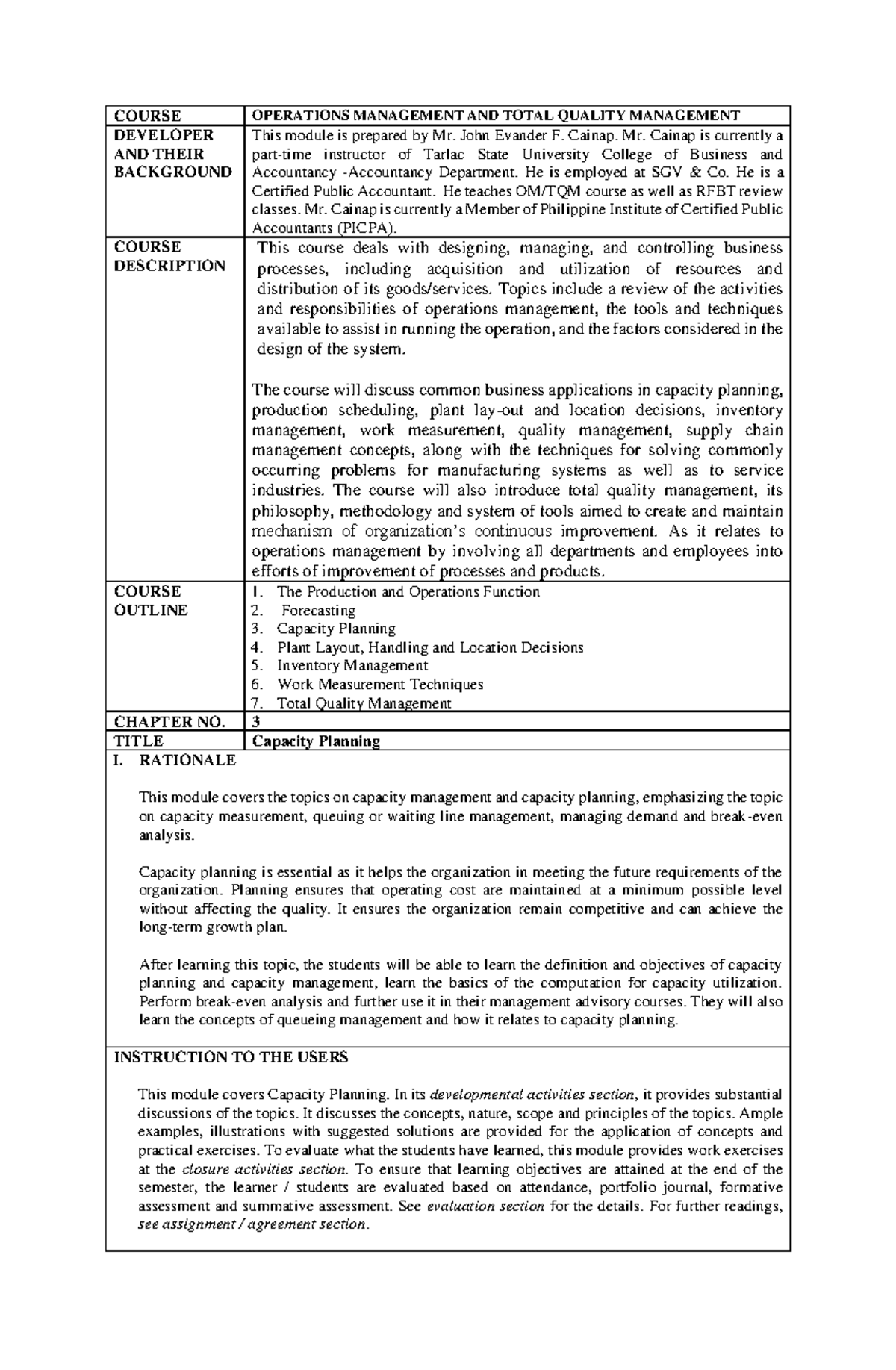 Omtqm-Module-Midterm-Topic-3-Capacity Planning V3 - COURSE OPERATIONS ...