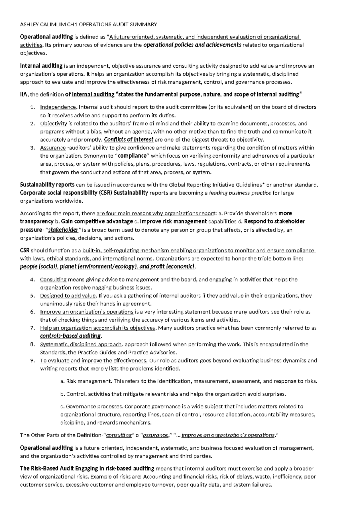 Operational audit - n/a - ASHLEY CALIMLIM CH1 OPERATIONS AUDIT SUMMARY ...