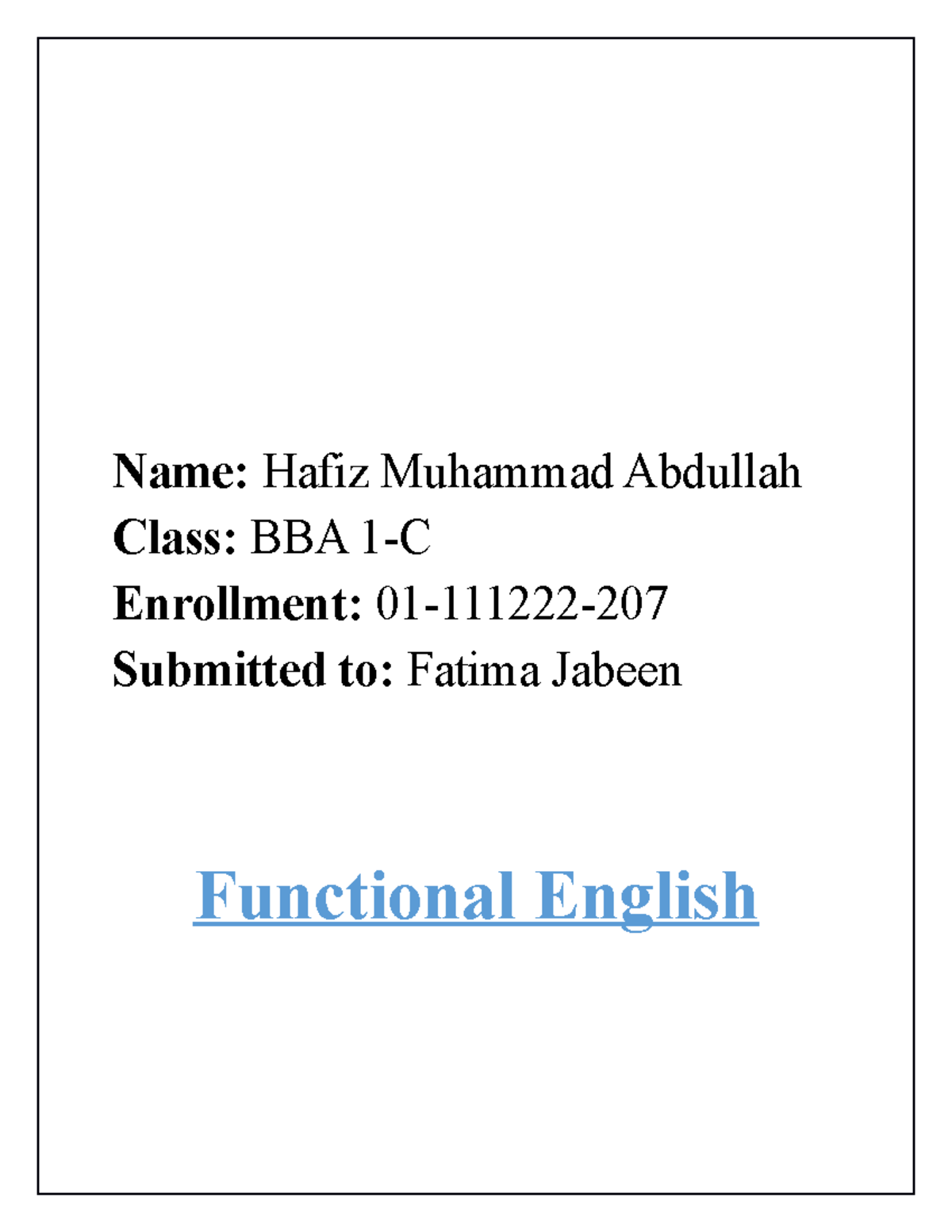 Parts of Speech - Name: Hafiz Muhammad Abdullah Class: BBA 1-C ...