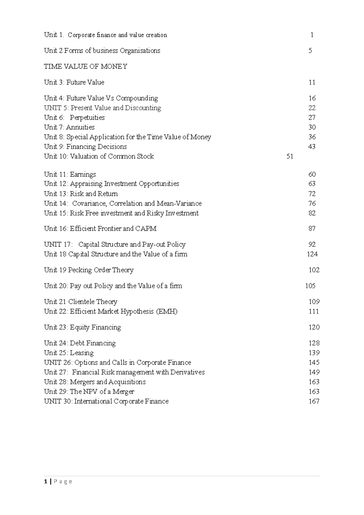 Course Outline- Corporate Finance - TIME VALUE OF MONEY Unit 1 ...